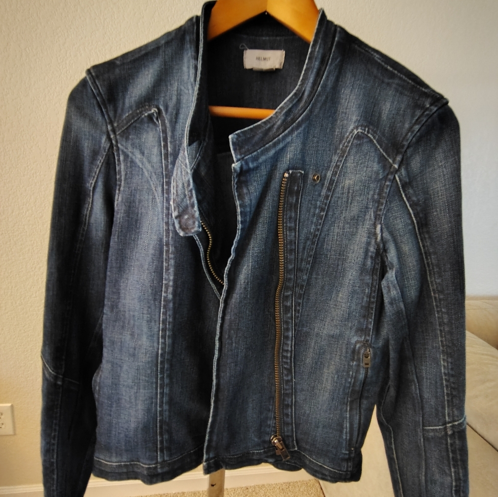 Helmut Lang denim moto jacket with a zipper closure  Med Woman Jean